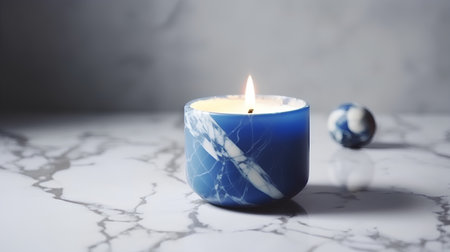 Blue burning candle on a white marble table, close-up, selective focusの素材