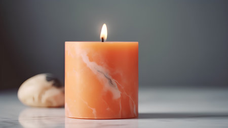 Burning candle with marble texture on grey background. Mockup for designの素材