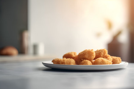 Plate of deep fried mozzarella cheese balls on kitchen tableの素材