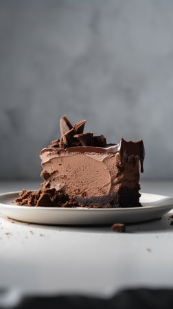 Chocolate ice-cream cake on a white plate, selective focusの素材