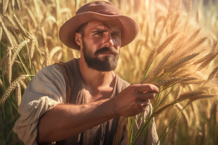 Farmer standing in wheat field and looking at wheat spikelets.の素材