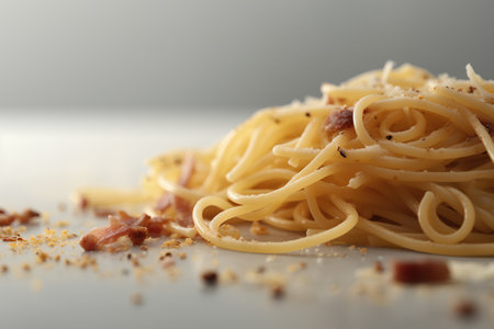 Spaghetti with bacon and spices on a light background. Close-up.の素材