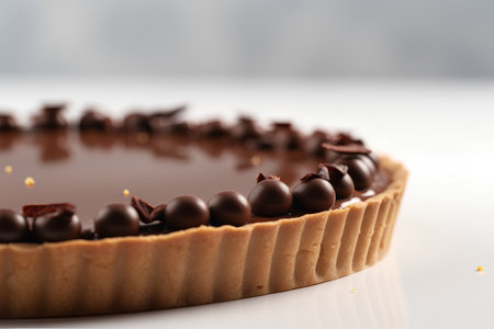 Chocolate tart on white background, close-up, selective focusの素材