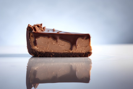 Piece of chocolate cake on a white reflective surface with reflection.の素材