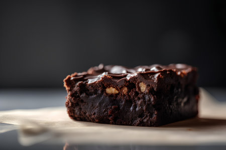 Chocolate brownies with nuts on a dark background. Selective focus.の素材