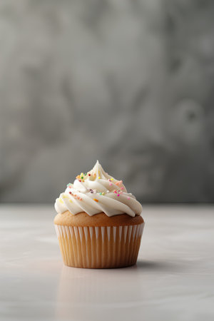 Cupcake with white frosting and colorful sprinkles on a gray backgroundの素材