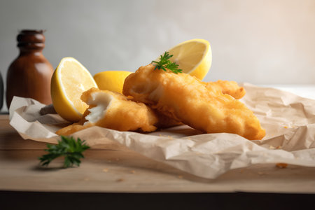Fish and chips with lemon and parsley on a dark background.の素材