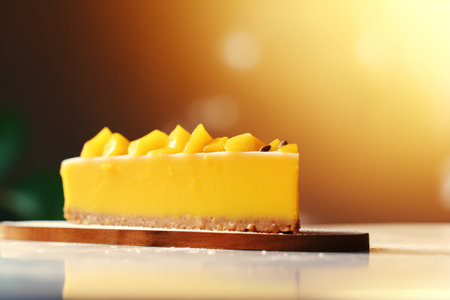 Mango cheesecake on a wooden board. Selective focus.の素材