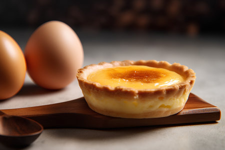 egg tart on wooden board with eggs in background, close-upの素材