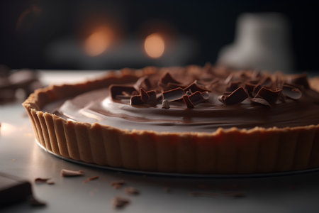 Chocolate tart with pieces of chocolate on dark background, closeupの素材