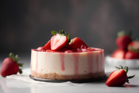 Strawberry cheesecake with fresh strawberries on a dark background.の素材