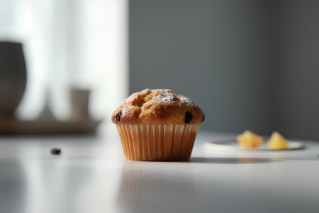 Muffin with raisins on a white table. Selective focus.の素材