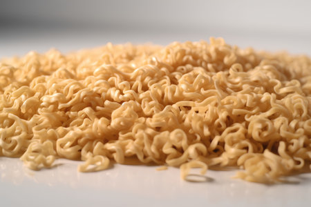 close up of uncooked macaroni on white background studio shotの素材