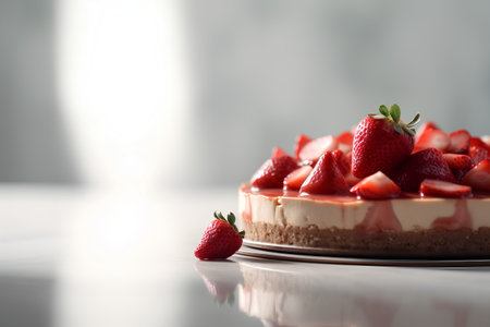 Delicious cheesecake with fresh strawberries on white table, closeupの素材