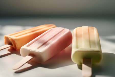 Colorful popsicles on white background. Selective focus. Toned.の素材