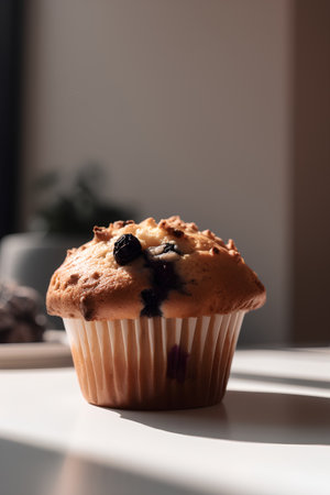 Homemade muffin with raisins on a white table.の素材