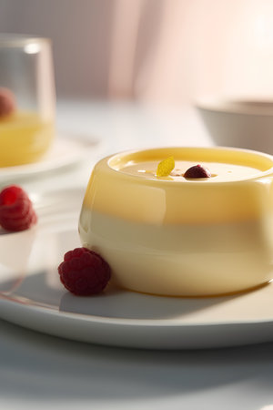 Panna cotta with raspberries on a white plate.の素材