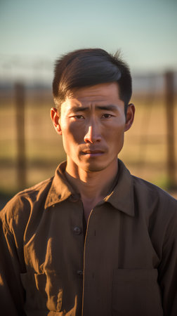 Portrait of a young Asian man in a field at sunset.の素材