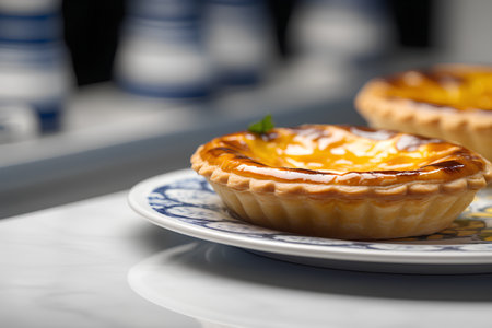 Egg tart on a plate. Selective focus. Toned.の素材