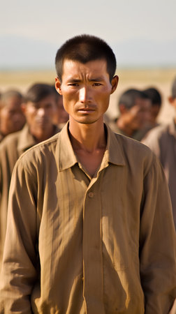 Unidentified indian man in khaki clothes looks at camera.の素材