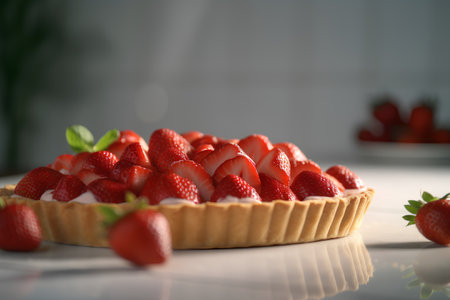 Delicious tartlet with fresh strawberries on table, closeup viewの素材