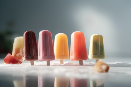 Fruit ice cream popsicles on a stick on a gray backgroundの素材