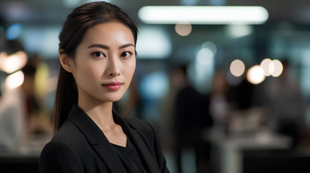 Portrait of a beautiful Asian businesswoman in a modern office buildingの素材