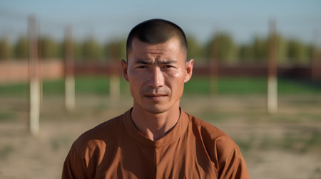 Portrait of a young man wearing a tibetan shirtの素材