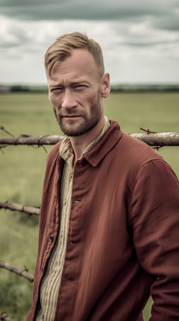 Portrait of a handsome man in a rural landscape. Men's beauty, fashion.の素材
