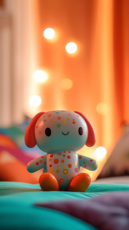 Cute toy dog on the bed with bokeh background.の素材