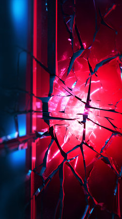 3d illustration of cracked glass with red light. Abstract background.の素材