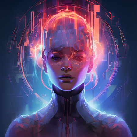 Digital illustration of a female cyborg in front of a futuristic backgroundの素材