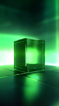 3d render of glass cube on a green background. Abstract backgroundの素材