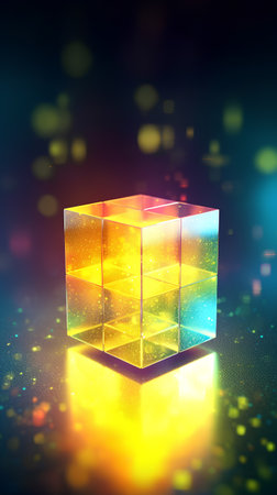 3d illustration of glowing cube on a colorful background with bokehの素材