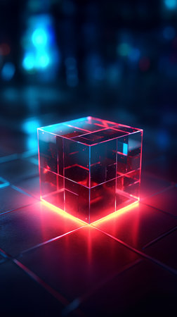 Abstract 3d rendering of neon cube. Futuristic background with glowing cubes.の素材