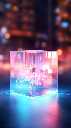 3d illustration of cube with night city light bokeh backgroundの素材