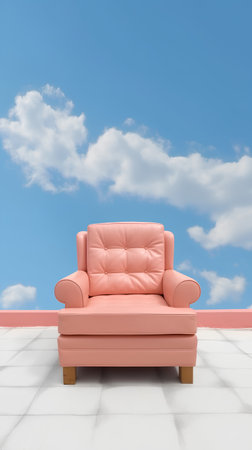 Pink armchair on the floor with sky background. 3d renderingの素材