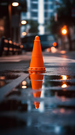 Traffic cone on the road at night. Shallow DOFの素材