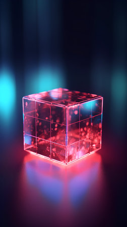 3d rendering of a glowing cube on a dark background with neon lightsの素材