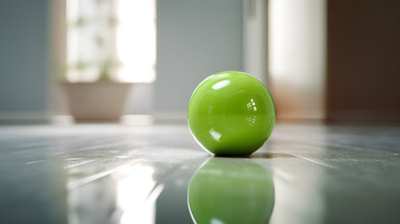 Green easter egg in the room. 3d illustration. Blurred background.の素材
