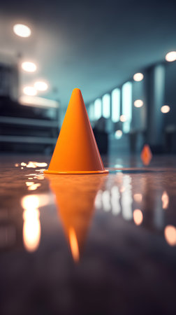 Traffic cone on the floor. 3D rendering. Blurred background.の素材