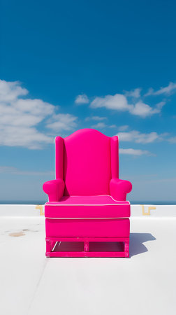 Pink armchair on white terrace with sea view. 3d renderの素材