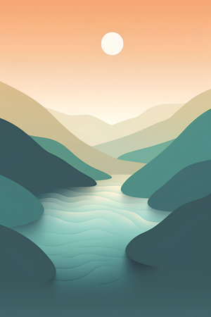 Landscape with river and mountains. Vector illustration in paper cut style.の素材