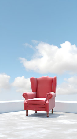 Red armchair on the balcony with blue sky. 3d renderの素材