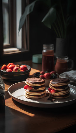 Pancakes with fresh berries and chocolate on a wooden table.の素材