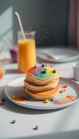 Pancakes with colorful sprinkles and glass of orange juice.の素材