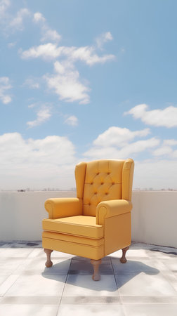 Yellow armchair on the terrace with blue sky and white cloudsの素材