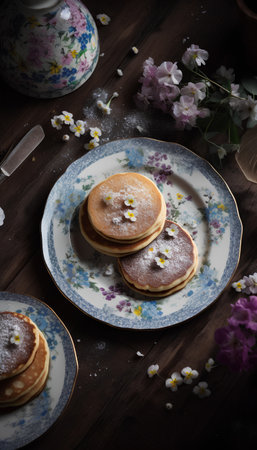 Pancakes with chocolate chips and flowers on a wooden background.の素材