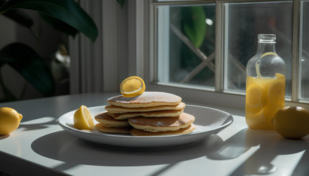Pancakes with lemon on a plate on a window background.の素材