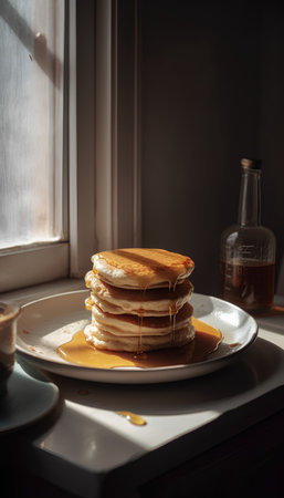 Pancakes with maple syrup on a white plate on a window sillの素材